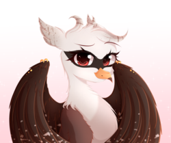 Size: 900x754 | Tagged: safe, artist:fluffymaiden, oc, oc only, oc:swanlee, griffon, bust, female, gradient background, piercing, portrait, raised eyebrow, simple background, smiling, solo