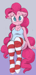 Size: 1080x2220 | Tagged: safe, artist:deeriojim, artist:dimfann, pinkie pie, anthro, unguligrade anthro, g4, clothes, colored, female, floppy ears, looking at you, plump, simple background, sitting, smiling, socks, solo, striped socks, tank top