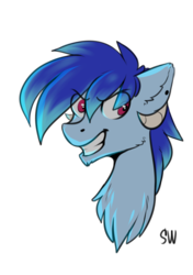 Size: 1837x2607 | Tagged: safe, artist:sugarstar, oc, oc only, oc:rein, pony, bust, ear piercing, earring, evil, evil smile, gift art, grin, head, horn, jewelry, looking at you, male, simple background, smiling, solo, stallion, teeth