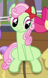 Size: 290x465 | Tagged: safe, screencap, alula, apple bloom, florina tart, pluto, earth pony, pony, apple family reunion, g4, apple family member, background pony, bow, cropped, cute, eyes on the prize, female, florinadorable, hair bow, mare, smiling, solo focus