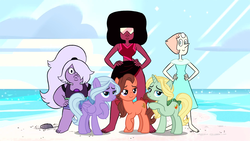 Size: 1920x1080 | Tagged: safe, artist:3d4d, dear darling, fond feather, swoon song, earth pony, gem (race), pegasus, pony, unicorn, g4, hard to say anything, amethyst, amethyst (steven universe), barefoot, beach, bimbettes, bow, clothes, crystal gems, feet, female, fusion, garnet (steven universe), gem, gem fusion, grin, group, hair bow, hair over one eye, hand on hip, lidded eyes, looking at you, mare, pearl, pearl (steven universe), quartz, raised hoof, sextet, smiling, smirk, steven universe, swimsuit, tail bow