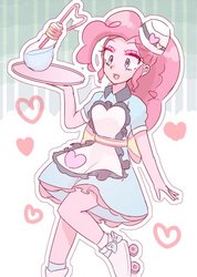 Size: 382x538 | Tagged: safe, artist:nemucure, pinkie pie, coinky-dink world, equestria girls, g4, my little pony equestria girls: summertime shorts, clothes, dress, female, heart, raised leg, server pinkie pie, solo, tray