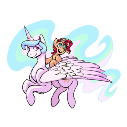 Size: 2421x2421 | Tagged: safe, artist:overlordneon, princess celestia, sunset shimmer, alicorn, pony, unicorn, g4, female, flying, happy, high res, horn, mare, momlestia, ponies riding ponies, riding, simple background, sunset shimmer riding celestia, transparent background, wings, younger