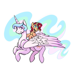 Size: 2421x2421 | Tagged: safe, artist:overlordneon, princess celestia, sunset shimmer, alicorn, pony, unicorn, g4, female, flying, happy, high res, horn, mare, momlestia, ponies riding ponies, riding, simple background, transparent background, wings, younger