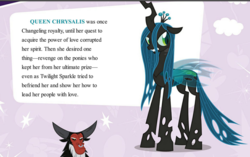 Size: 1483x932 | Tagged: safe, lord tirek, queen chrysalis, twilight sparkle, changeling, g4, cutie mark background, duo, elements of harmony (book), female, guidebook, male, text