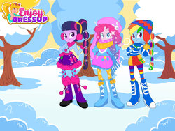 Size: 1024x768 | Tagged: safe, artist:user15432, pinkie pie, rainbow dash, twilight sparkle, human, equestria girls, g4, alternate hairstyle, bootleg, boots, bundled up for winter, clothes, dressup, dressup game, earmuffs, enjoy dressup, eqg promo pose set, flash game, gloves, gradient hair, hairstyle, hasbro, hasbro studios, hat, high heel boots, high heels, leggings, mittens, scarf, shoes, snow, trio, twilight sparkle (alicorn), winter, winter boots, winter cap, winter clothes, winter coat, winter hat, winter outfit, wintertime