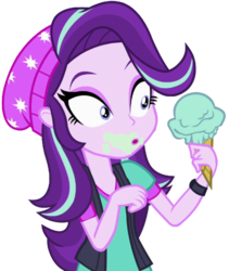 Size: 1729x2048 | Tagged: safe, artist:thebarsection, edit, edited screencap, screencap, starlight glimmer, equestria girls, equestria girls specials, g4, my little pony equestria girls: mirror magic, background removed, beanie, clothes, dessert, female, food, hat, ice cream, ice cream cone, not a vector, open mouth, simple background, solo, transparent background, vest