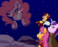 Size: 1000x800 | Tagged: safe, artist:jake heritagu, pinkie pie, scootaloo, starlight glimmer, oc, oc:lightning blitz, pegasus, pony, ask hotblooded pinkie, comic:ask motherly scootaloo, g4, baby, baby pony, cloak, clothes, colt, hotblooded pinkie pie, kamina sunglasses, male, motherly scootaloo, offspring, older, older scootaloo, parent:rain catcher, parent:scootaloo, parents:catcherloo, saitama, son goku, stars