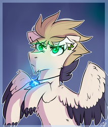 Size: 1341x1573 | Tagged: safe, artist:sugarstar, oc, oc only, pegasus, pony, claws, ear piercing, earring, glowing eyes, jewelry, magic, male, pendant, piercing, simple background, solo, stallion, wings