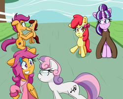 Size: 1000x800 | Tagged: safe, artist:jake heritagu, apple bloom, scootaloo, starlight glimmer, sweetie belle, oc, oc:lightning blitz, pegasus, pony, ask post-crusade, comic:ask motherly scootaloo, post-crusade, g4, alternate cutie mark, baby, baby pony, cloak, clothes, colt, cutie mark crusaders, female, glasses, hairpin, holding a pony, male, mother and son, motherly scootaloo, offspring, older, older scootaloo, parent:rain catcher, parent:scootaloo, parents:catcherloo, post crusade scootaloo, self paradox, sweatshirt