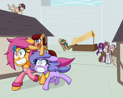 Size: 1000x800 | Tagged: safe, artist:jake heritagu, scootaloo, starlight glimmer, oc, oc:billie, oc:gimmick, oc:lightning blitz, oc:needlework, oc:pepper, earth pony, pegasus, pony, unicorn, ask billie the kid, comic:ask motherly scootaloo, g4, baby, baby pony, cloak, clothes, colt, hairpin, male, motherly scootaloo, my cabbages, offspring, older, older scootaloo, parent:rain catcher, parent:scootaloo, parents:catcherloo, ponies riding ponies, pony hat, riding, sweatshirt