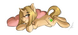 Size: 1280x575 | Tagged: safe, artist:sugarstar, oc, oc only, oc:alex, pony, blushing, crossed hooves, glasses, heart, horn, looking at you, lying down, male, pillow, sexy, simple background, smiling, solo, stallion