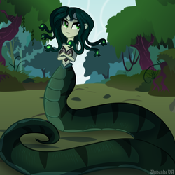 Size: 900x900 | Tagged: dead source, safe, artist:rainbowrage12, artist:wubcakeva, oc, oc only, oc:medusa, gorgon, lamia, original species, equestria girls, g4, clothes, crossed arms, equestria girls-ified, female, forest, medusa, mythology, scenery, solo, unamused