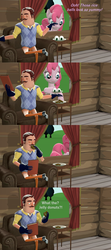 Size: 1920x4320 | Tagged: safe, artist:papadragon69, pinkie pie, human, g4, 3d, 4kids, book, crossover, curtains, donut, food, hello neighbor, jelly doughnut, jelly filled donut, mr. peterson, old master q, onigiri, parody, plate, source filmmaker, switch, the neighbor
