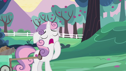 Size: 1280x720 | Tagged: safe, screencap, sweetie belle, g4, the cart before the ponies, female, fence, solo, sweet apple acres, yawn