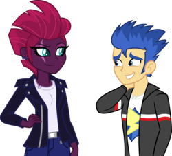 Size: 5000x4540 | Tagged: safe, artist:orin331, fizzlepop berrytwist, flash sentry, tempest shadow, equestria girls, g4, my little pony: the movie, absurd resolution, belt, clothes, duo, equestria girls-ified, eye scar, faux hawk, male, pants, scar, simple background, size difference, smaller male, transparent background, undercut