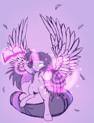 Size: 1138x1488 | Tagged: safe, artist:miniaru, twilight sparkle, alicorn, pony, g4, female, glowing eyes, glowing horn, horn, magic, mare, solo, spread wings, twilight sparkle (alicorn), wings