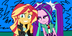 Size: 1200x600 | Tagged: safe, artist:ktd1993, aria blaze, sunset shimmer, equestria girls, g4, clothes, crossed arms, female, jacket, leather jacket, lesbian, shipping, sunblaze