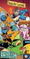 Size: 438x862 | Tagged: safe, artist:andy price, idw, official comic, blacktip, horwitz, princess cadance, raven, breezie, dragon, parasprite, pony, yak, g4, spoiler:comic, spoiler:comic61, cheek bulge, comic, cropped, eating, female, flame eyes, mare, orange background, red background, simple background, spicy, unnamed breezie, unnamed character, wingding eyes