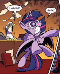 Size: 805x994 | Tagged: safe, artist:andypriceart, idw, glenda, twilight sparkle, alicorn, griffon, pony, g4, spoiler:comic, spoiler:comic61, cropped, female, gradient background, heart attack, mare, simple background, speech bubble, twilight sparkle (alicorn)
