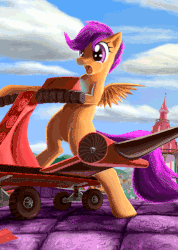 Size: 641x900 | Tagged: safe, alternate version, artist:tsitra360, scootaloo, pegasus, pony, g4, animated, female, filly, flying scooter, gif, happy, scooter, smiling, solo
