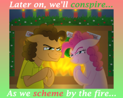 Size: 1800x1450 | Tagged: safe, artist:crazynutbob, cheese sandwich, pinkie pie, g4, berry, candle, candlelight, clothes, devious, devious smile, evil grin, fire, fireplace, grin, hearth's warming, narrowed eyes, plotting, pure unfiltered evil, rubbing hooves, smiling, song parody, stockings