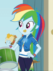 Size: 313x417 | Tagged: safe, screencap, rainbow dash, equestria girls, g4, my little pony equestria girls: better together, overpowered (equestria girls), animated, chewing, cropped, eating, female, food, messy eating, mustard, sandwich, sauce, solo