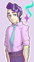 Size: 1092x1976 | Tagged: safe, artist:sl0ne, starlight glimmer, human, g4, clothes, elf ears, humanized, looking at you, male, necktie, pants, rule 63, shirt, smiling, solo, stellar gleam, unicorns as elves