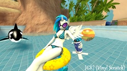 Size: 1920x1080 | Tagged: safe, artist:gr-vinyl-scratch, dj pon-3, vinyl scratch, orca, anthro, g4, 3d, armpits, ball, bikini, clothes, inflatable, inflatable toy, inflatable whale, inner tube, looking at you, palm tree, pool toy, relaxing, rock, source filmmaker, swimsuit, tree, water