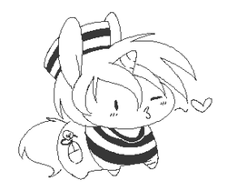 Size: 908x762 | Tagged: safe, artist:quarantinedchaoz, oc, oc only, oc:creative flair, pony, unicorn, clothes, hat, heart, horn, kissy face, male, monochrome, one eye closed, prison outfit, prison stripes, shirt, solo, stallion, unicorn oc, wink