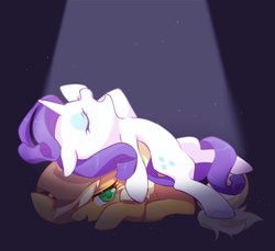 Size: 1200x1099 | Tagged: safe, artist:kkmrarar, applejack, rarity, earth pony, pony, unicorn, fame and misfortune, g4, applejack's hat, appleseat, cowboy hat, duo, eyes closed, female, flawless, floppy ears, hat, looking at you, mare, marshmelodrama, open mouth, scene interpretation, sitting on person, sitting on pony, smiling, stetson
