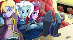 Size: 1584x865 | Tagged: safe, artist:fujuzakinc, fuchsia blush, lavender lace, trixie, equestria girls, g4, background human, bedroom eyes, feet on table, female, smiling, smirk, trixie and the illusions