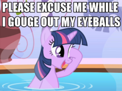 Size: 600x449 | Tagged: safe, edit, edited screencap, screencap, twilight sparkle, unicorn, green isn't your color, cannot unsee, eye poke, image macro, meme, reaction image, this will end in blindness, this will end in pain, unicorn twilight