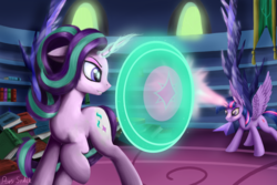 Size: 3000x2000 | Tagged: safe, artist:pony-stark, starlight glimmer, twilight sparkle, alicorn, pony, unicorn, every little thing she does, g4, blast, book, female, floppy ears, glowing horn, high res, hooves, horn, magic, magic beam, magic blast, mare, scene interpretation, shield, smiling, spread wings, twilight sparkle (alicorn), wings