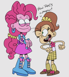Size: 1645x1830 | Tagged: safe, artist:itoruna-the-platypus, pinkie pie, equestria girls, g4, alternate hairstyle, crossover, luan loud, nickelodeon, ponytail, pun, style emulation, the loud house
