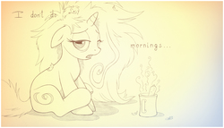 Size: 2188x1248 | Tagged: safe, artist:sherwoodwhisper, oc, oc only, oc:eri, mouse, unicorn, bed hair, carrot, female, food, looking at you, mare, mug, not a morning pony, sleepy, steam, traditional art