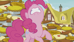 Size: 854x480 | Tagged: safe, screencap, pinkie pie, earth pony, pony, g4, secrets and pies, angry, female, food, house, mare, pie, solo