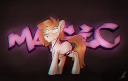 Size: 1280x809 | Tagged: safe, artist:sugarstar, oc, oc only, earth pony, pony, commission, earbuds, empty eyes, graffiti, magic, male, music, simple background, solo, stallion, standing
