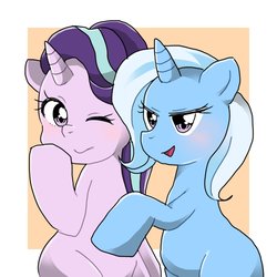 Size: 2000x2000 | Tagged: safe, artist:kouno bird, starlight glimmer, trixie, pony, unicorn, g4, blushing, female, high res, lesbian, mare, one eye closed, raised hoof, ship:startrix, shipping, smiling, wink