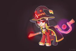 Size: 3000x2000 | Tagged: safe, artist:sugarstar, pony, unicorn, cloak, clothes, collar, costume, crossover, dress, female, hat, high res, horn, konosuba, looking at you, magic, mare, megumin, ponified, simple background, skirt, smiling, socks, solo, staff, standing