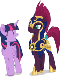 Size: 2340x2999 | Tagged: safe, artist:brisineo, artist:kitana762, fizzlepop berrytwist, tempest shadow, twilight sparkle, alicorn, pony, unicorn, g4, my little pony: the movie, armor, broken horn, eyes closed, fanfic, fanfic art, female, helmet, high res, horn, mare, open mouth, royal guard, simple background, smiling, tempest becomes a royal guard, transparent background, twilight sparkle (alicorn)