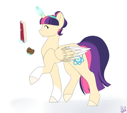 Size: 1800x1600 | Tagged: safe, artist:mah521, oc, oc only, oc:owl light, alicorn, pony, book, cookie, female, food, magic, mare, offspring, parent:sunburst, parent:twilight sparkle, parents:twiburst, simple background, solo, white background