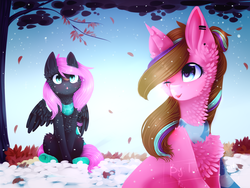 Size: 2000x1501 | Tagged: safe, artist:twinkepaint, oc, oc only, oc:cloudy night, oc:twinke paint, pegasus, pony, unicorn, chest fluff, clothes, digital art, female, mare, scarf, snow