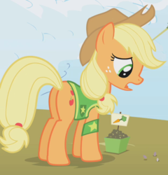 Size: 626x653 | Tagged: safe, screencap, applejack, earth pony, pony, g4, winter wrap up, butt, cropped, female, freckles, looking down, mare, open mouth, plot, solo