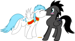 Size: 5097x2767 | Tagged: safe, artist:fallingcomets, oc, oc only, pegasus, pony, blushing, female, high res, kissing, male, mare, simple background, stallion, transparent background