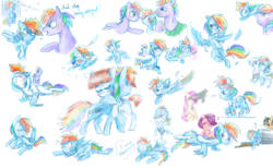 Size: 1024x630 | Tagged: dead source, safe, artist:pinkablue, bow hothoof, fluttershy, gilda, hoops, rainbow blaze, rainbow dash, scootaloo, windy whistles, griffon, pegasus, pony, g4, doodles, flying, juice, juice box, sketch, sketch dump, training, trash can, younger