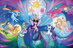 Size: 2248x1498 | Tagged: safe, artist:alexia tryfon, enterplay, applejack, fluttershy, pinkie pie, rainbow dash, rarity, spike, twilight sparkle, alicorn, bird, butterfly, dragon, earth pony, pegasus, pony, unicorn, g4, my little pony: the movie, the art of my little pony: the movie, apple tree, applejack's hat, balloon, book, cowboy hat, deleted scene, eyes closed, female, flying, hat, mane seven, mane six, mare, merchandise, moon, my little pony logo, open mouth, pointy ponies, quill, smiling, spread wings, stained glass, stained glass effect, stars, sun, tree, twilight sparkle (alicorn), wings