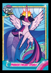 Size: 425x600 | Tagged: safe, artist:alexia tryfon, twilight sparkle, alicorn, pony, g4, my little pony: the movie, the art of my little pony: the movie, deleted scene, eyes closed, female, flying, foil cards, mare, my little pony logo, solo, spread wings, stained glass, twilight sparkle (alicorn), wings