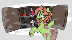 Size: 1748x980 | Tagged: safe, artist:thebirdiebin, tree hugger, earth pony, pony, g4, bong, drugs, female, implied applejack, implied rainbow dash, implied rarity, implied twilight sparkle, lidded eyes, mare, smiling, solo