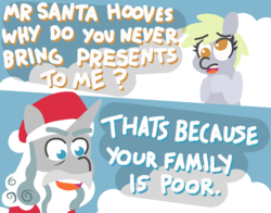Size: 860x674 | Tagged: safe, artist:threetwotwo32232, derpy hooves, star swirl the bearded, pegasus, pony, unicorn, g4, christmas, clothes, cloud, cloudy, comic, costume, dialogue, female, filly, hat, hayate the combat butler, holiday, male, open mouth, parody, poor, santa costume, santa hat, smiling, snow, stallion, younger
